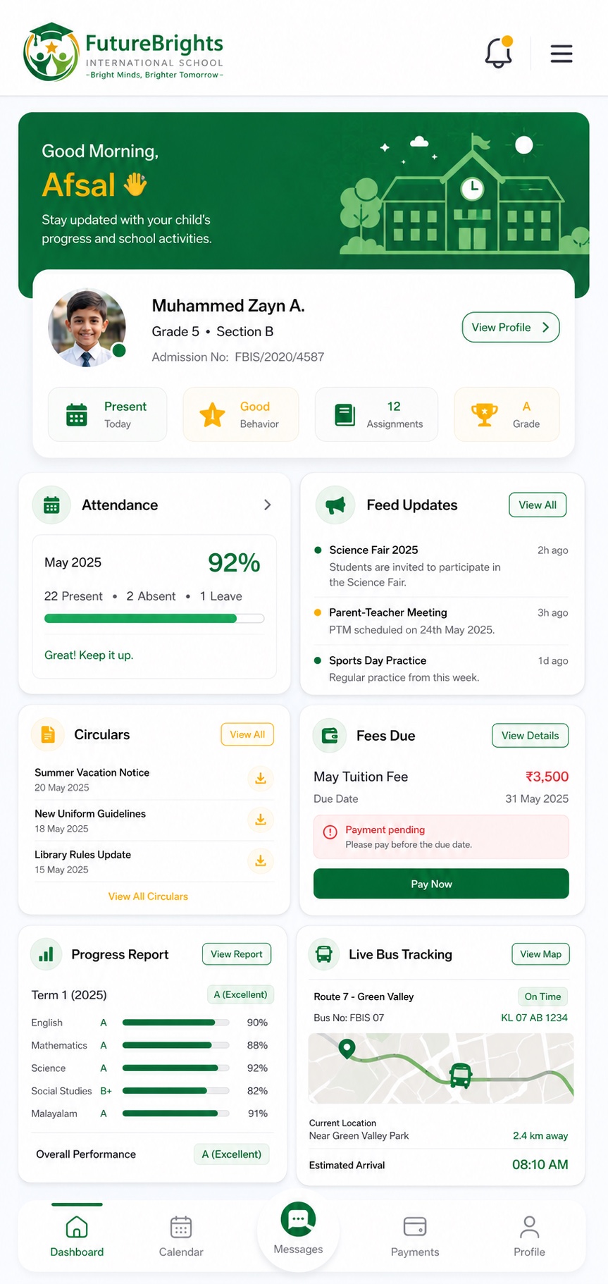 FutureBrights parent dashboard screen